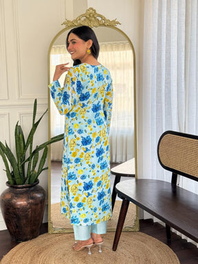 Women’s Light Blue Floral Printed Kurta Set with Dupatta & Pants