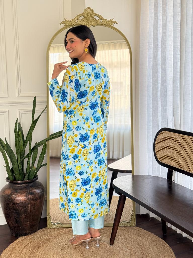 Women’s Light Blue Floral Printed Kurta Set with Dupatta & Pants