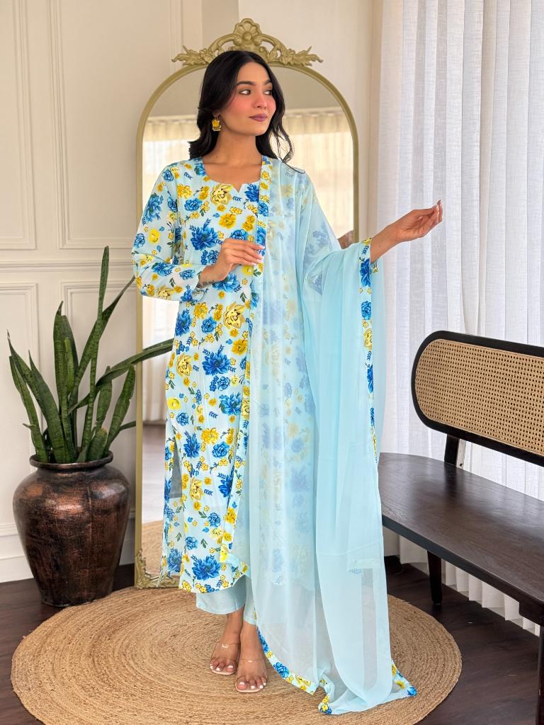 Women’s Light Blue Floral Printed Kurta Set with Dupatta & Pants