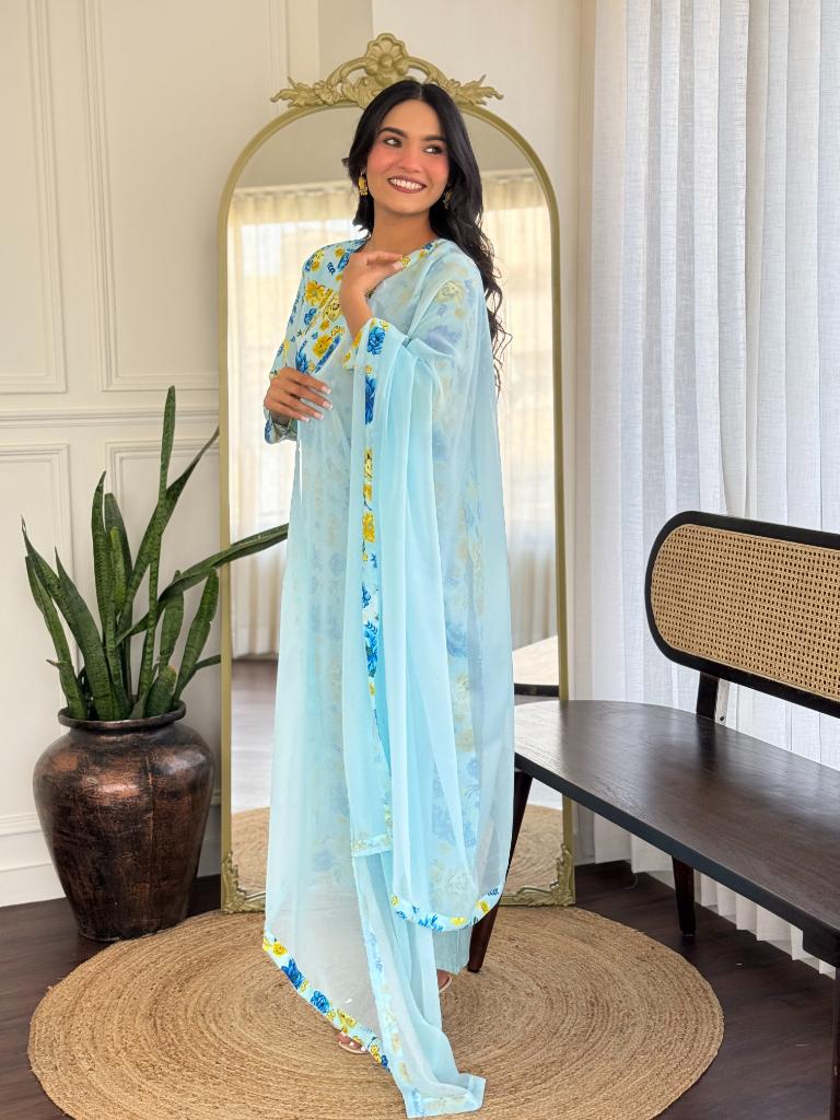 Women’s Light Blue Floral Printed Kurta Set with Dupatta & Pants