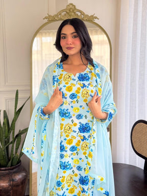 Women’s Light Blue Floral Printed Kurta Set with Dupatta & Pants