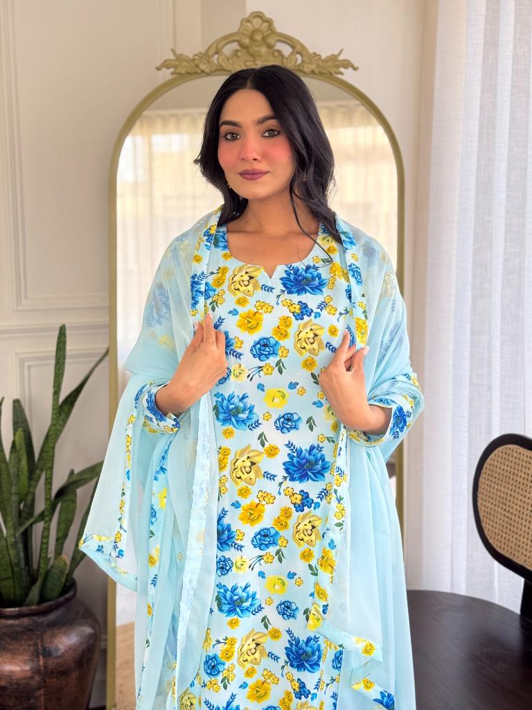 Women’s Light Blue Floral Printed Kurta Set with Dupatta & Pants