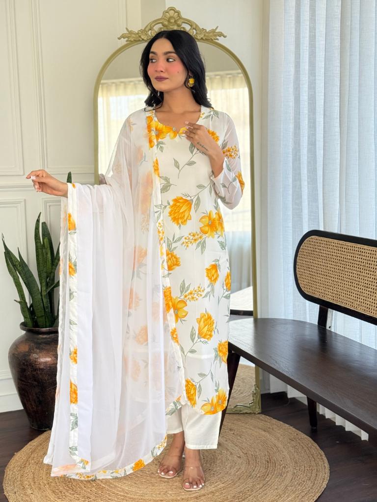 Women White Floral Printed Kurta Set with Dupatta & Pant