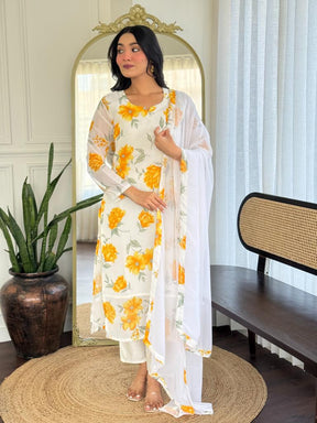 Women White Floral Printed Kurta Set with Dupatta & Pant