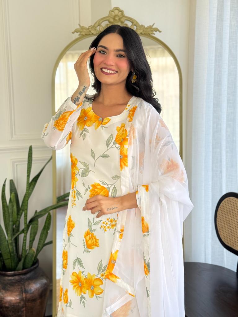 Women White Floral Printed Kurta Set with Dupatta & Pant