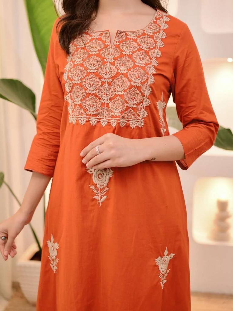 Women Orange Embroidered Kurta Set with Dupatta