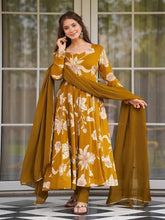 Women Mustard Floral Printed Anarkali Kurta Set with Dupatta