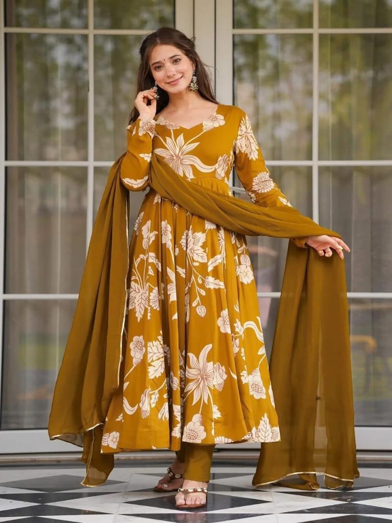 Women Mustard Floral Printed Anarkali Kurta Set with Dupatta