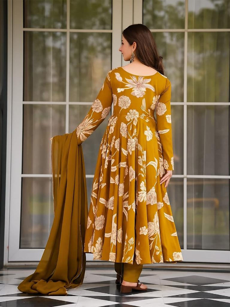 Women Mustard Floral Printed Anarkali Kurta Set with Dupatta