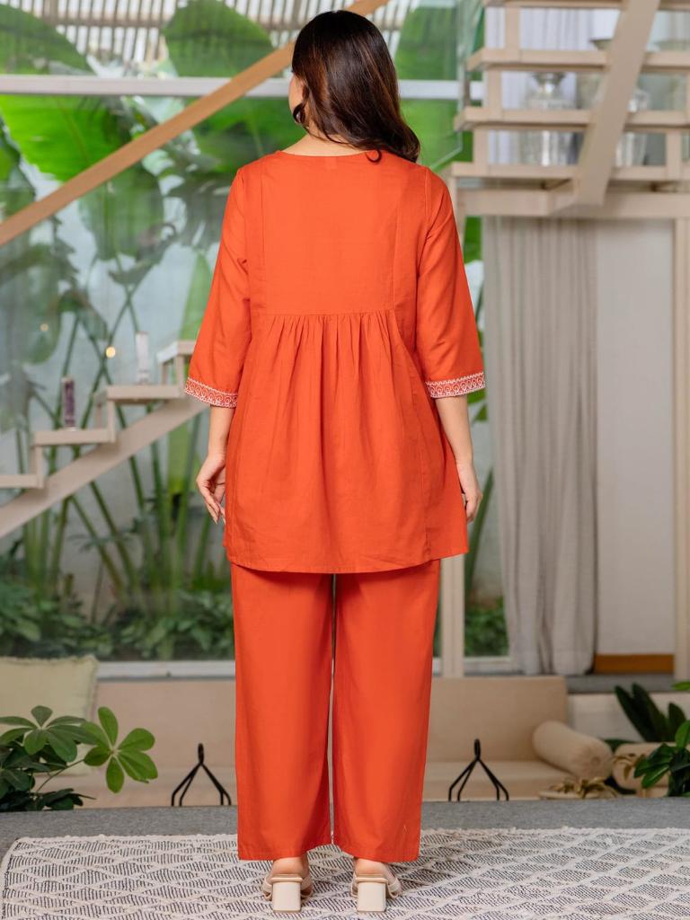 Women Orange Printed Kurta Palazzo Set Ethnic Co-Ord