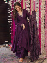 Women Wine Anarkali Kurta Palazzo Set with Printed Dupatta