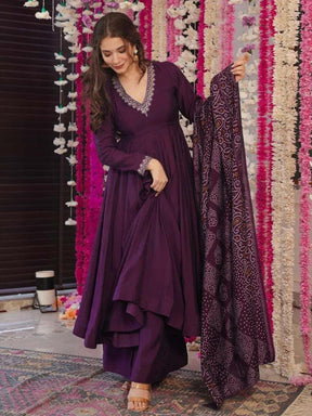 Women Wine Anarkali Kurta Palazzo Set with Printed Dupatta