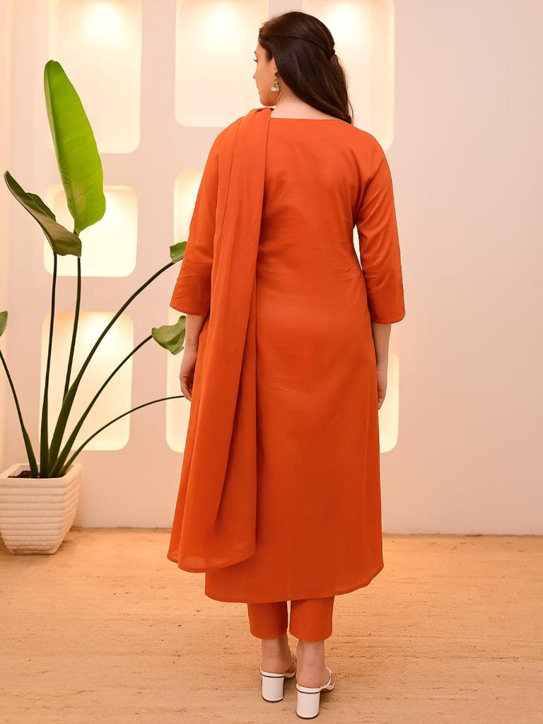 Women Orange Embroidered Kurta Set with Dupatta