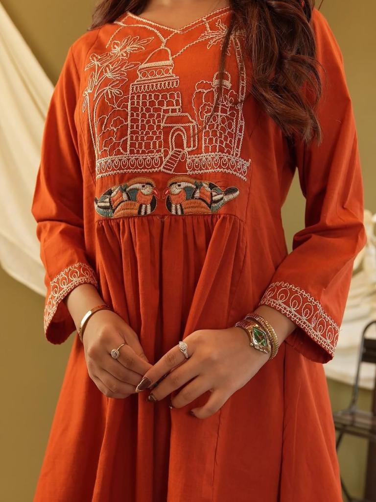Women Orange Printed Kurta Palazzo Set Ethnic Co-Ord