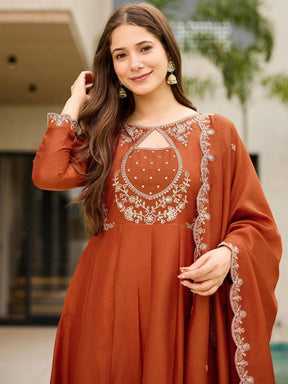 Women Rust Orange Embroidered Anarkali Kurta Set