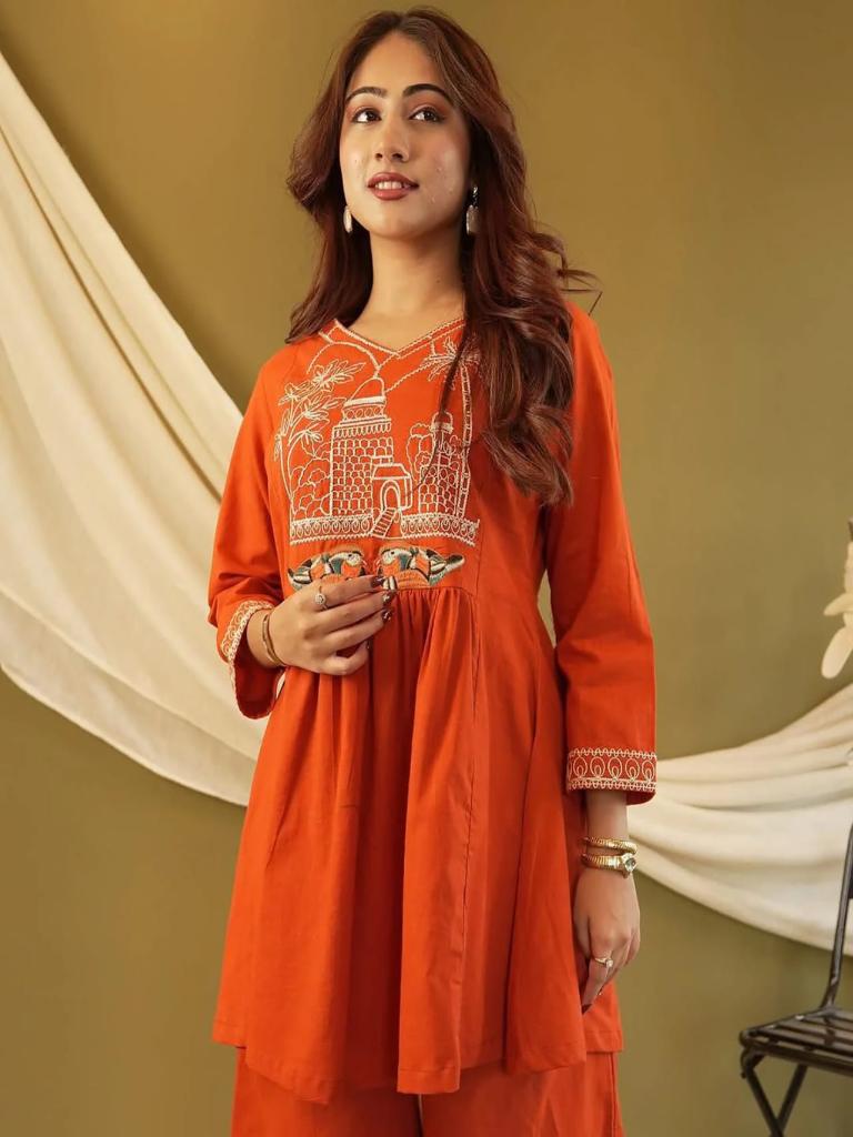 Women Orange Printed Kurta Palazzo Set Ethnic Co-Ord
