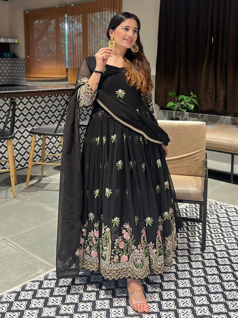 Women Black Embroidered Anarkali Kurta Set with Dupatta