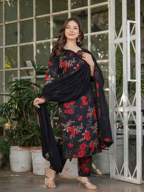 Women Black Floral Printed Kurta Set with Dupatta & Pant