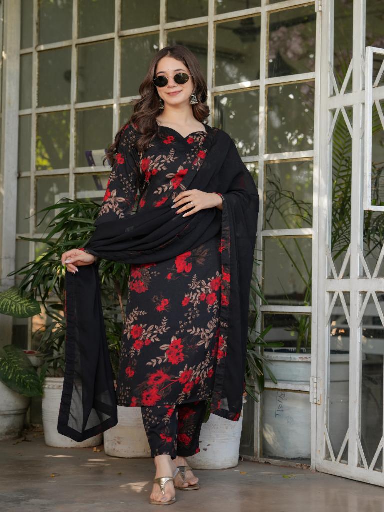 Women Black Floral Printed Kurta Set with Dupatta & Pant