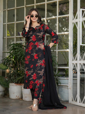 Women Black Floral Printed Kurta Set with Dupatta & Pant