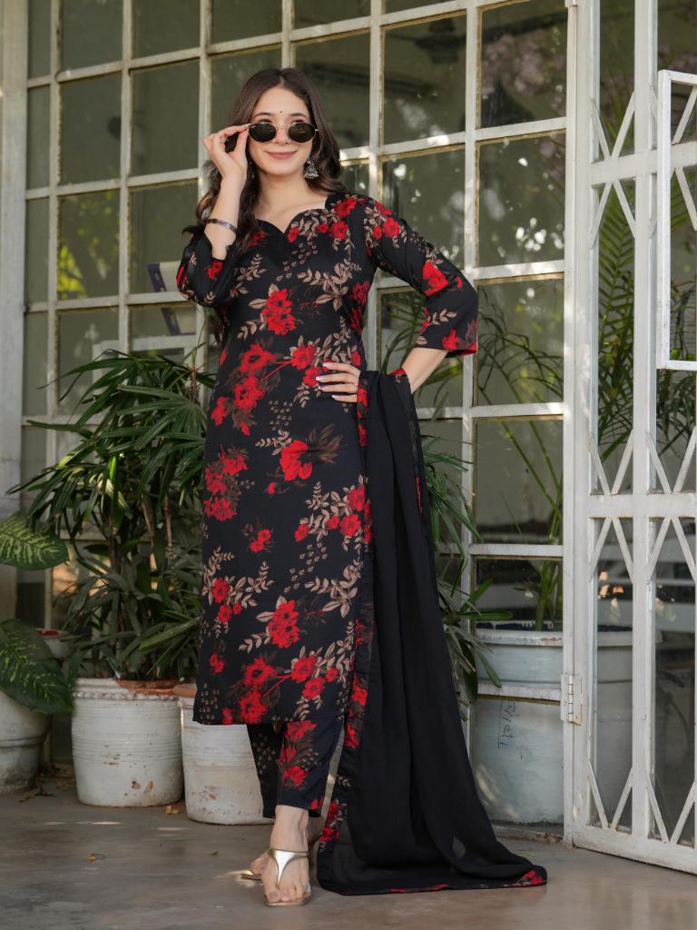 Women Black Floral Printed Kurta Set with Dupatta & Pant