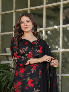 Women Black Floral Printed Kurta Set with Dupatta & Pant