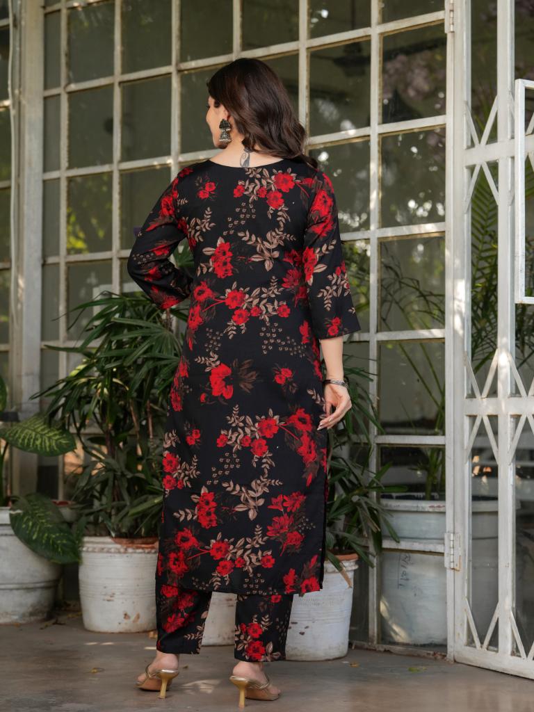 Women Black Floral Printed Kurta Set with Dupatta & Pant