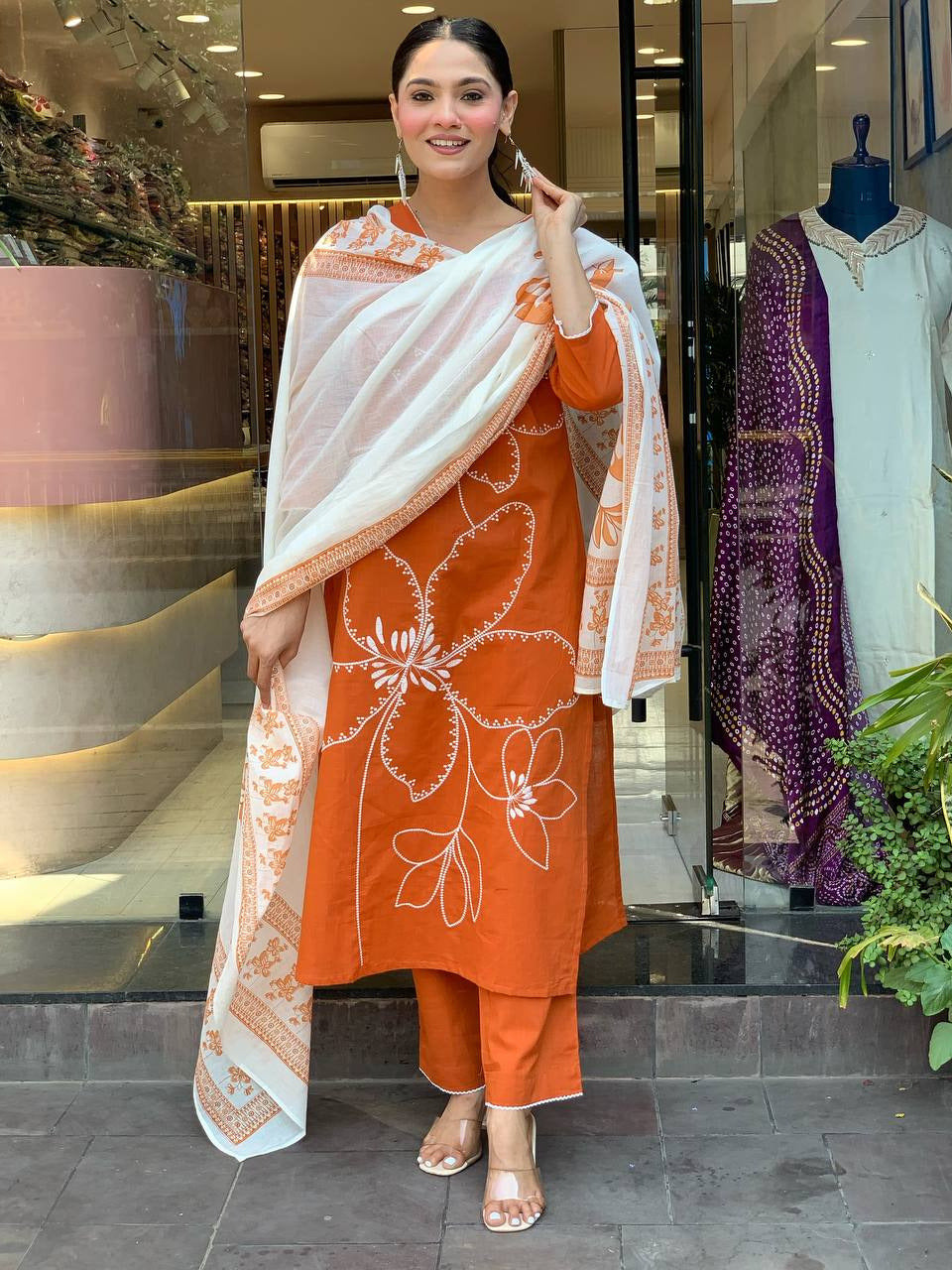 Women’s Orange Printed Kurta Set with Dupatta & Pants