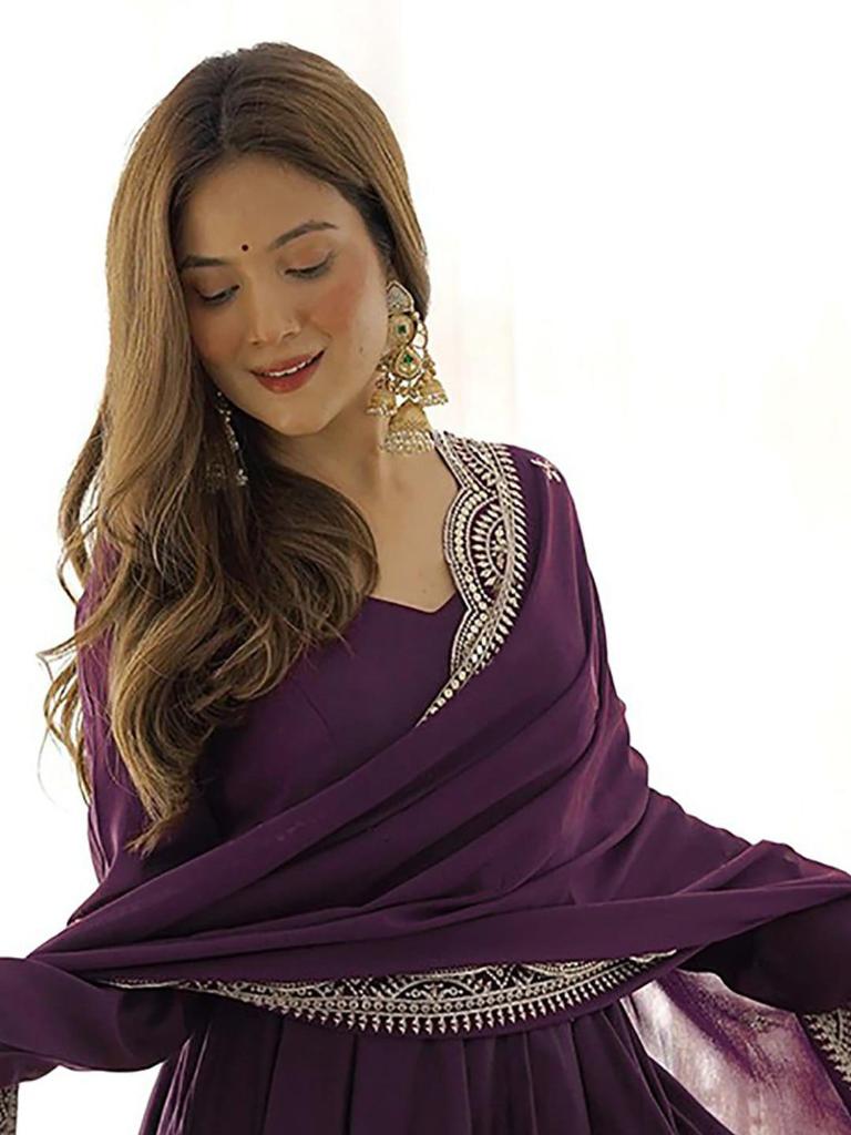 Women Wine Embroidered Anarkali Gown with Dupatta