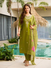 Women Olive Green Embroidered Kurta Set with Dupatta & Pant