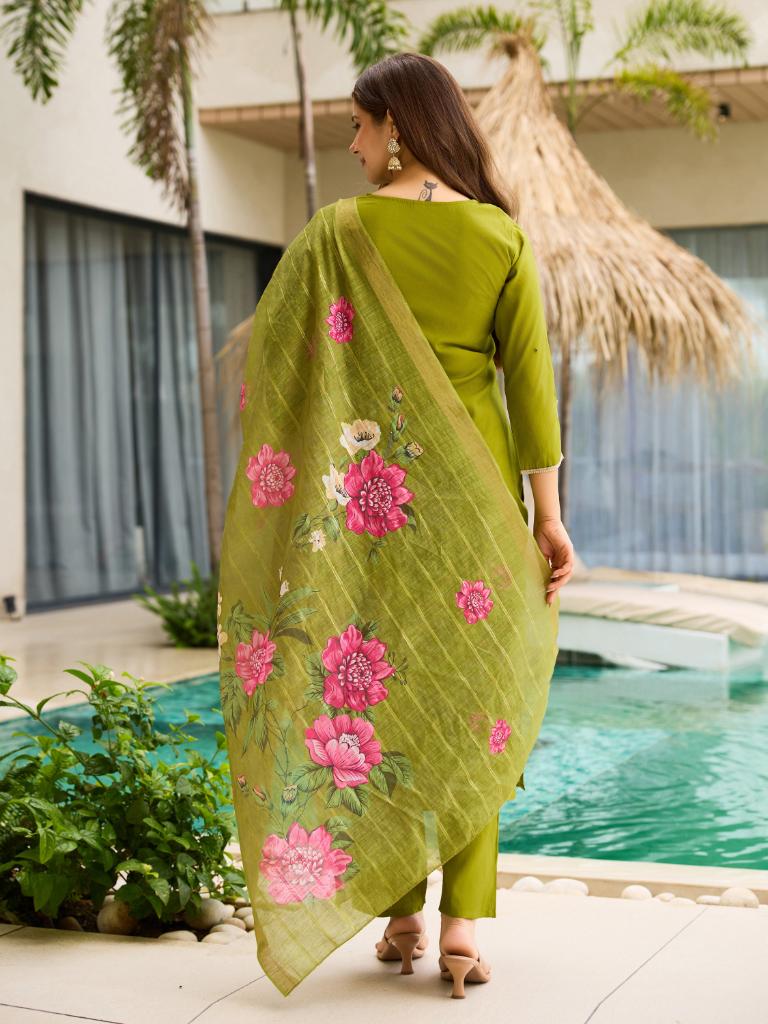 Women Olive Green Embroidered Kurta Set with Dupatta & Pant
