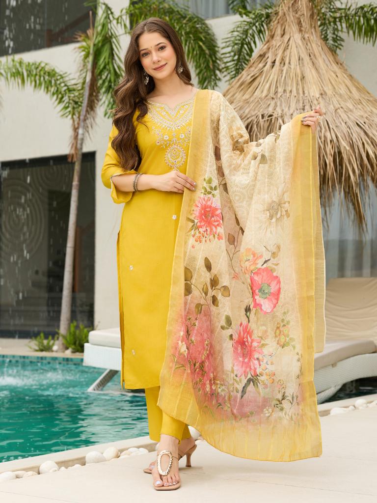 Women Mustard Yellow Embroidered Kurta Set with Printed Dupatta & Pant