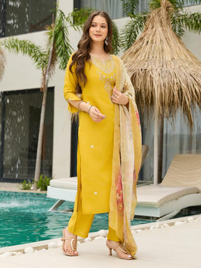 Women Mustard Yellow Embroidered Kurta Set with Printed Dupatta & Pant
