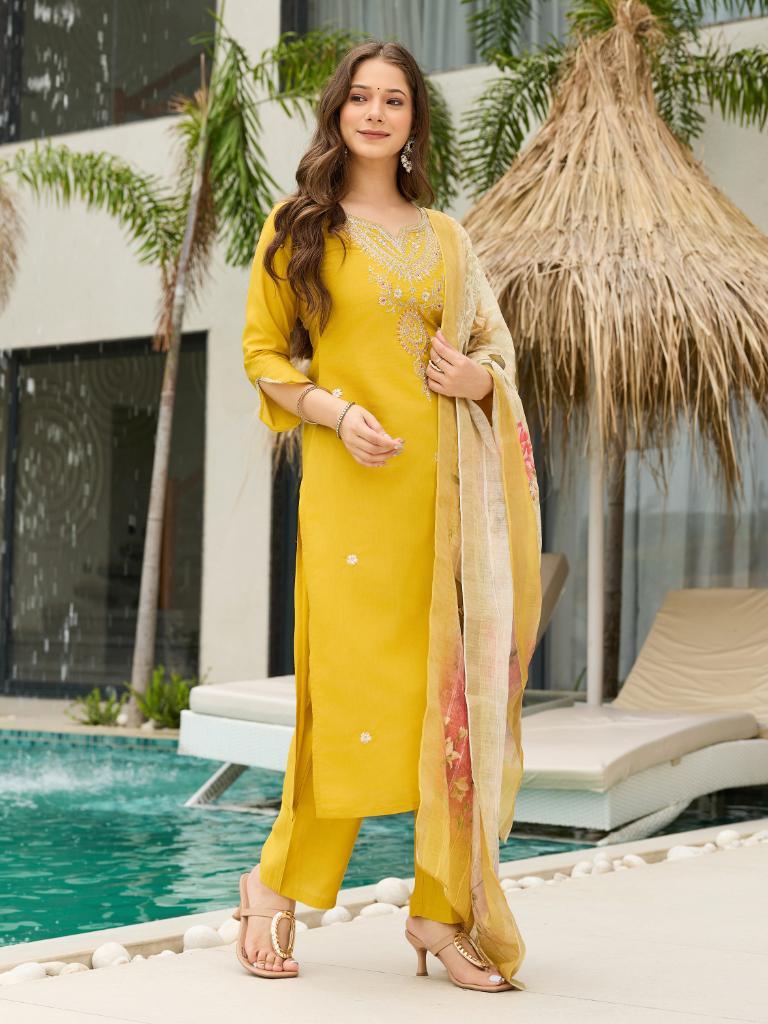 Women Mustard Yellow Embroidered Kurta Set with Printed Dupatta & Pant