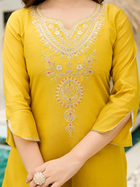 Women Mustard Yellow Embroidered Kurta Set with Printed Dupatta & Pant