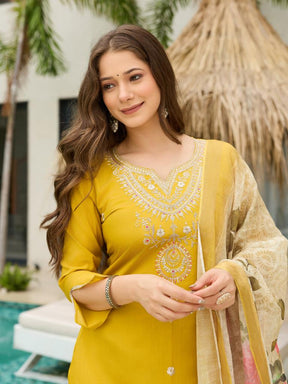 Women Mustard Yellow Embroidered Kurta Set with Printed Dupatta & Pant