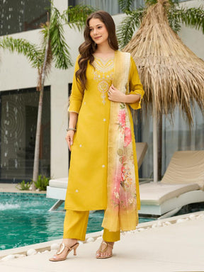 Women Mustard Yellow Embroidered Kurta Set with Printed Dupatta & Pant