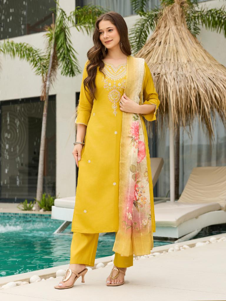 Women Mustard Yellow Embroidered Kurta Set with Printed Dupatta & Pant