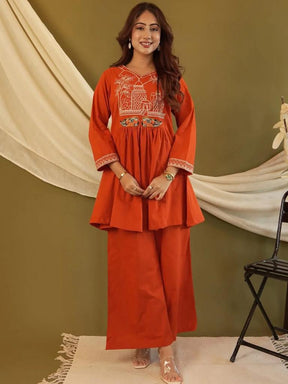 Women Orange Printed Kurta Palazzo Set Ethnic Co-Ord