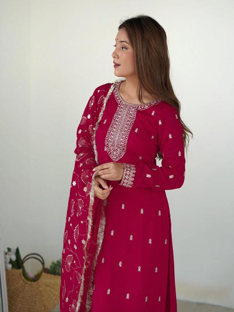 Women Pink Embroidered Kurta Set with Dupatta