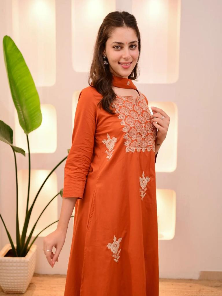 Women Orange Embroidered Kurta Set with Dupatta