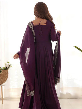 Women Wine Embroidered Anarkali Gown with Dupatta