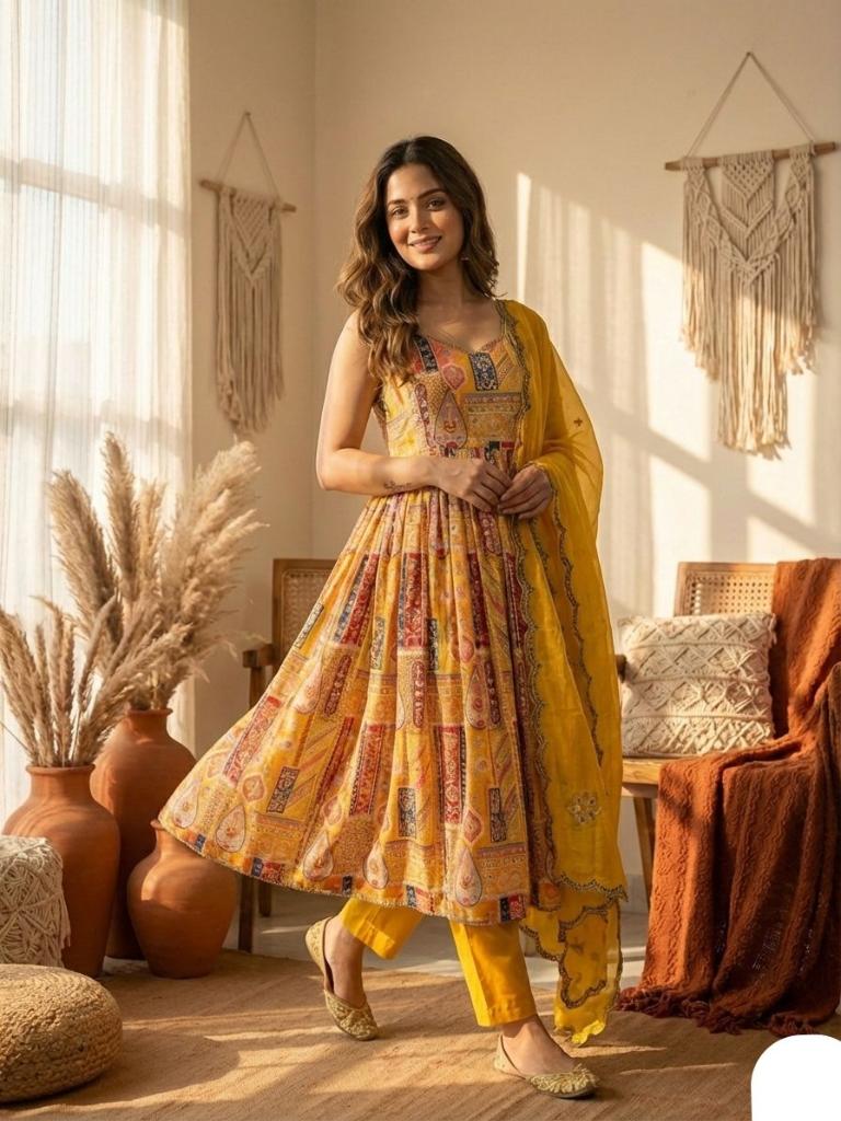 Women’s Mustard Yellow Printed Anarkali Kurta Set with Pants & Dupatta