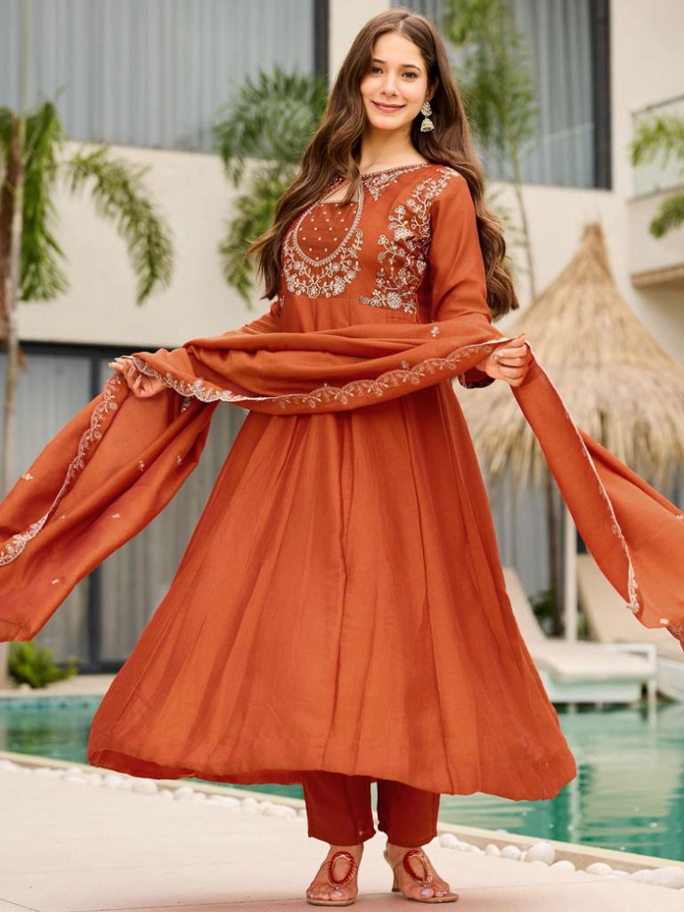 Women Rust Orange Embroidered Anarkali Kurta Set