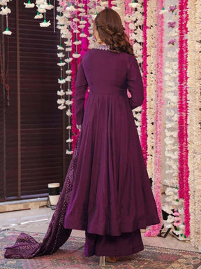 Women Wine Anarkali Kurta Palazzo Set with Printed Dupatta