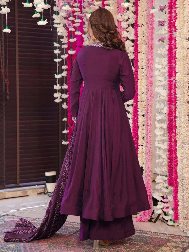 Women Wine Anarkali Kurta Palazzo Set with Printed Dupatta