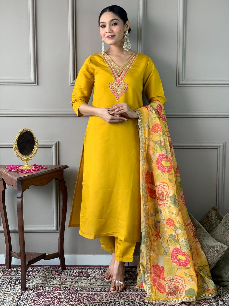 Women Mustard Yellow Kurta Pant Set with Floral Organza Dupatta