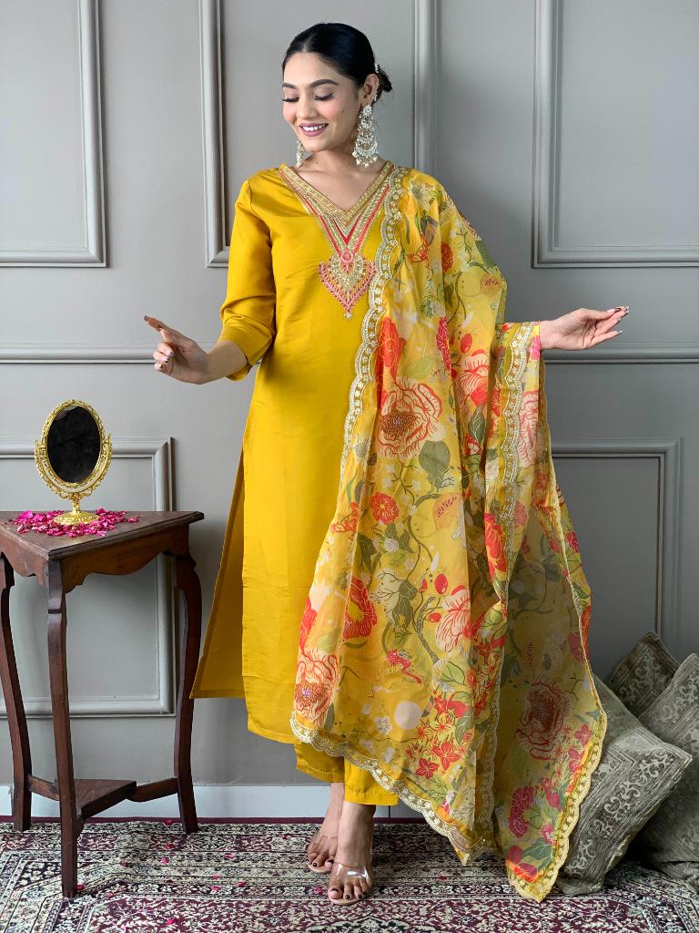 Women Mustard Yellow Kurta Pant Set with Floral Organza Dupatta