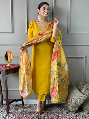Women Mustard Yellow Kurta Pant Set with Floral Organza Dupatta