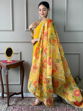 Women Mustard Yellow Kurta Pant Set with Floral Organza Dupatta